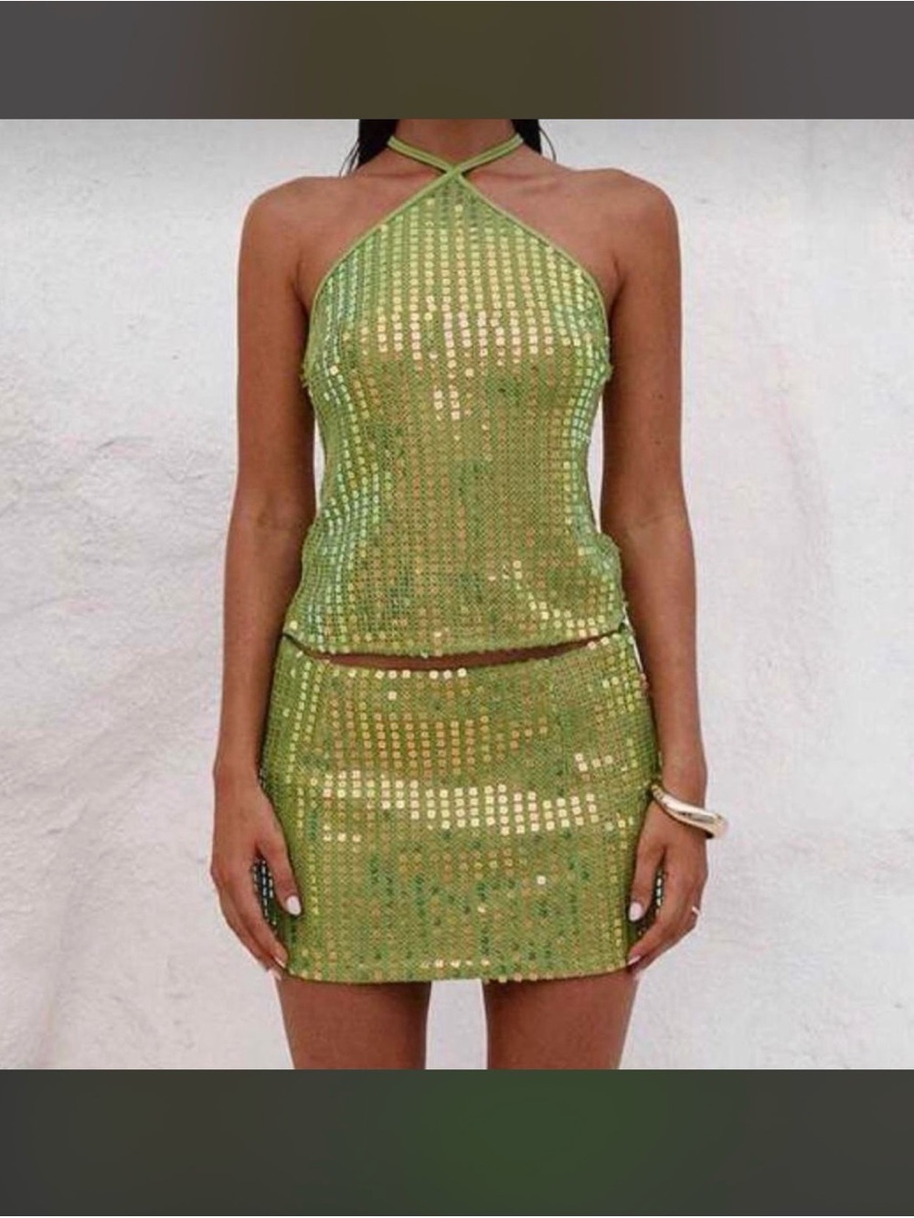 Green Sequin Halter top + skirt